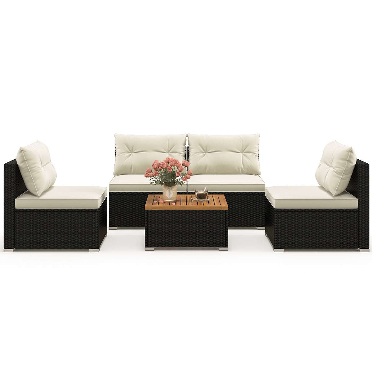 5-Piece Outdoor Furniture Set with Cushions – Wooden Tabletop, Off White