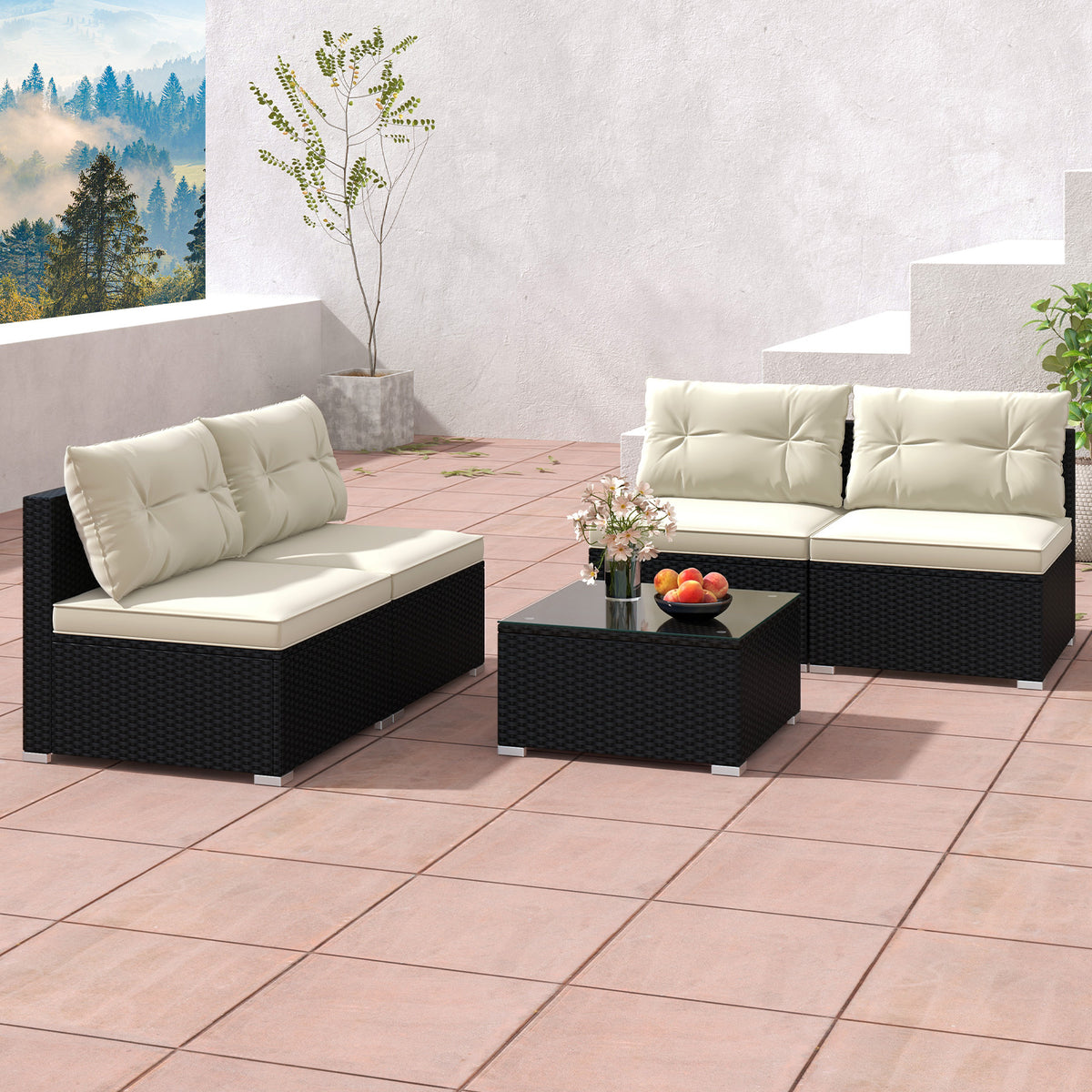 5-Piece Outdoor Patio Furniture Set with Cushions - Glass Tabletop