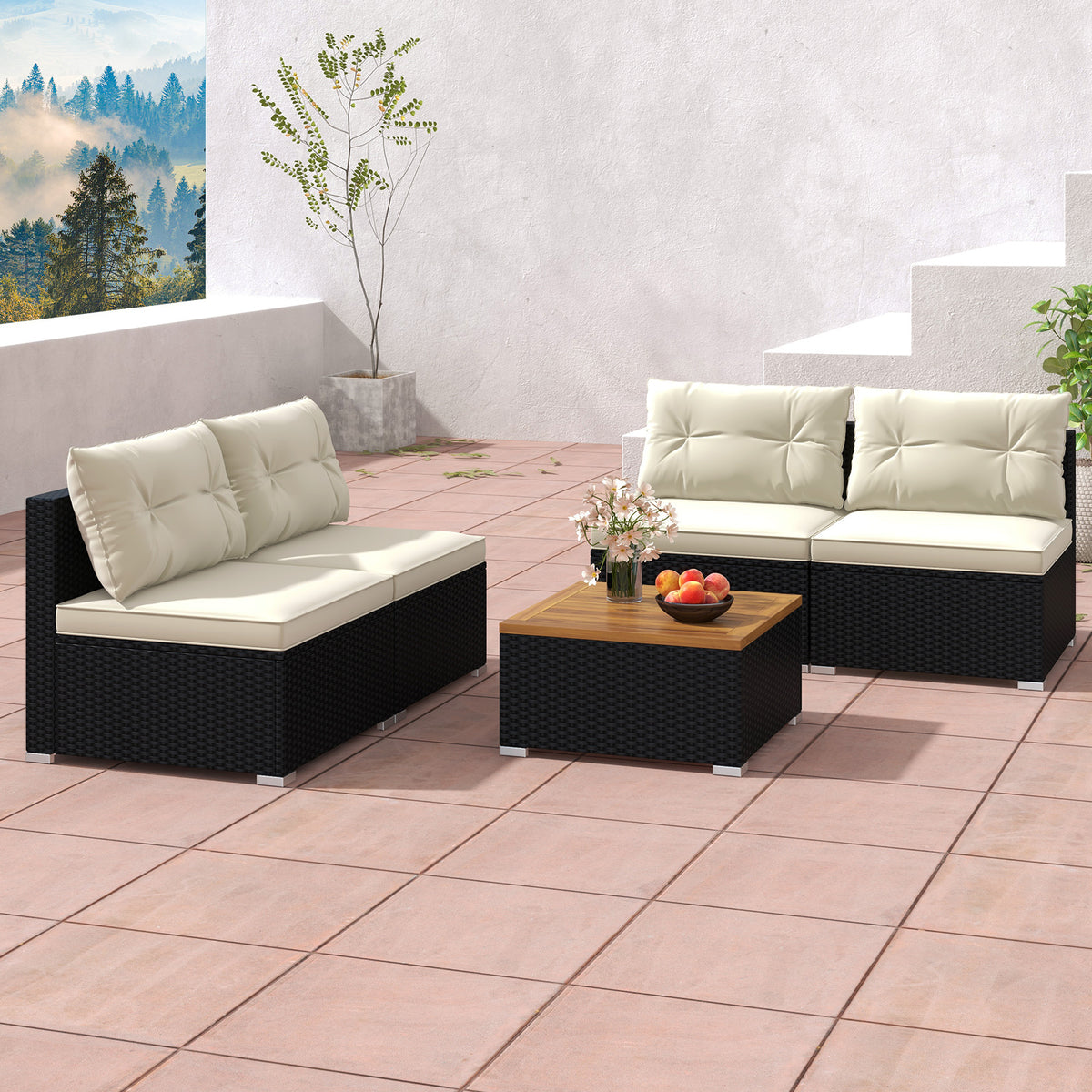 5-Piece Outdoor Furniture Set with Cushions – Wooden Tabletop, Off White