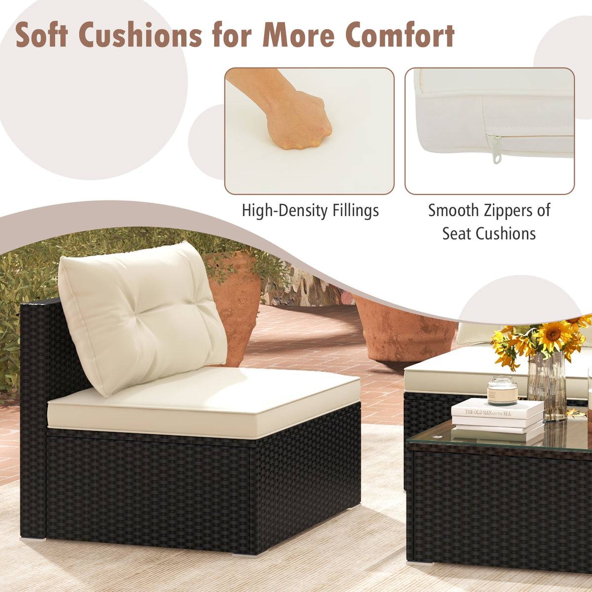 5-Piece Outdoor Patio Furniture Set with Cushions - Glass Tabletop