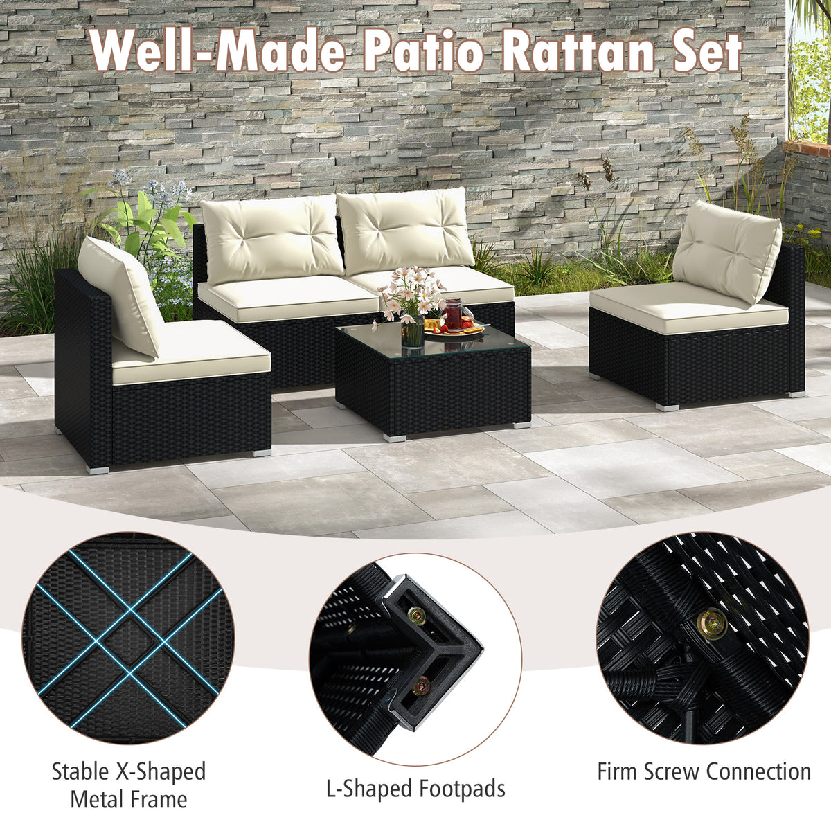 5-Piece Outdoor Patio Furniture Set with Cushions - Glass Tabletop