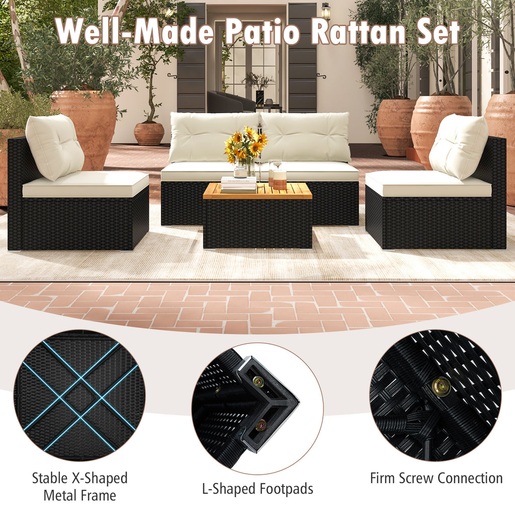 5-Piece Outdoor Furniture Set with Cushions – Wooden Tabletop, Off White