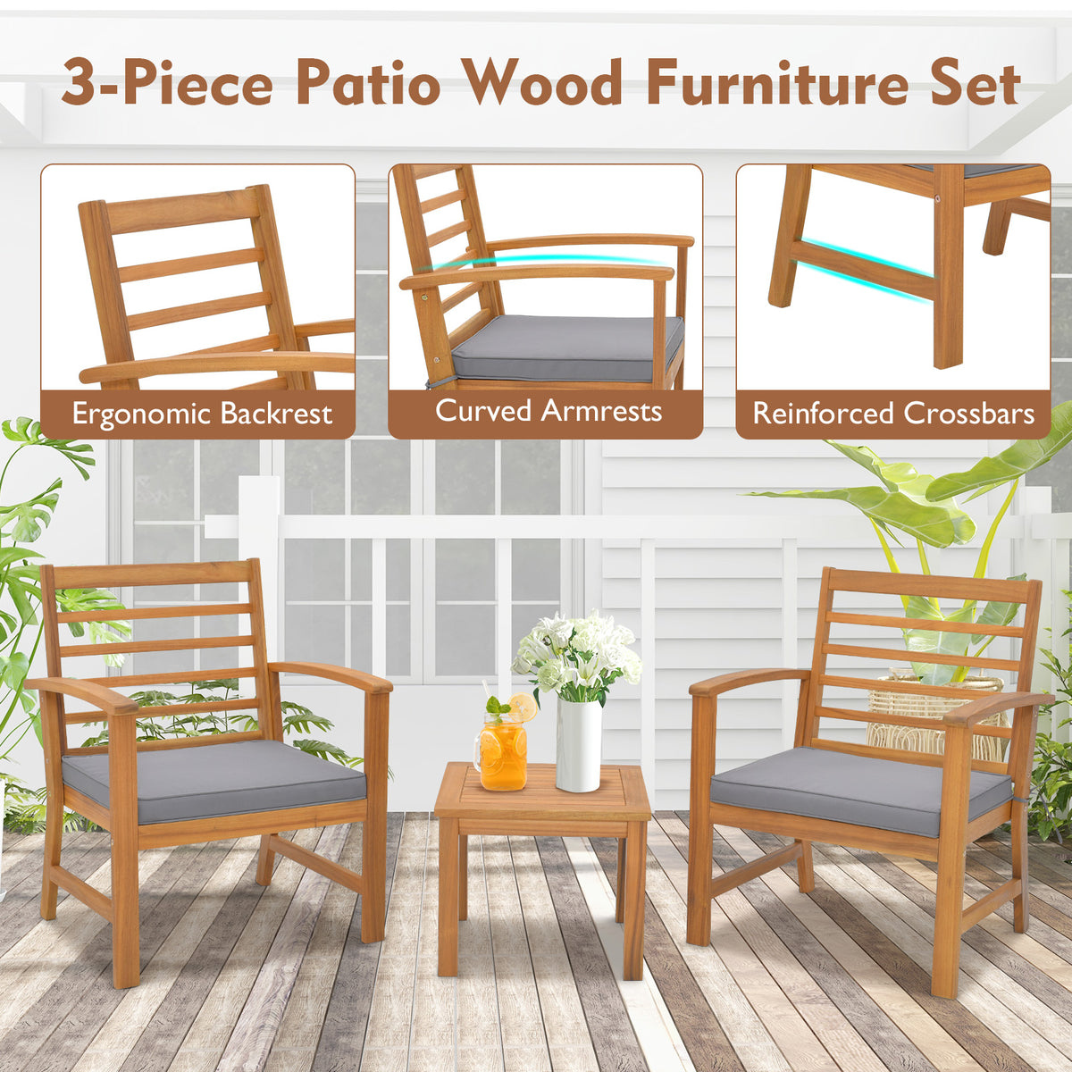 3-Piece Outdoor Furniture Set with Cushions - Gray