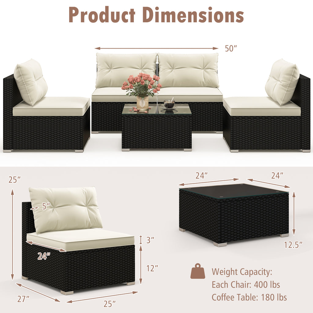 5-Piece Outdoor Patio Furniture Set with Cushions - Glass Tabletop