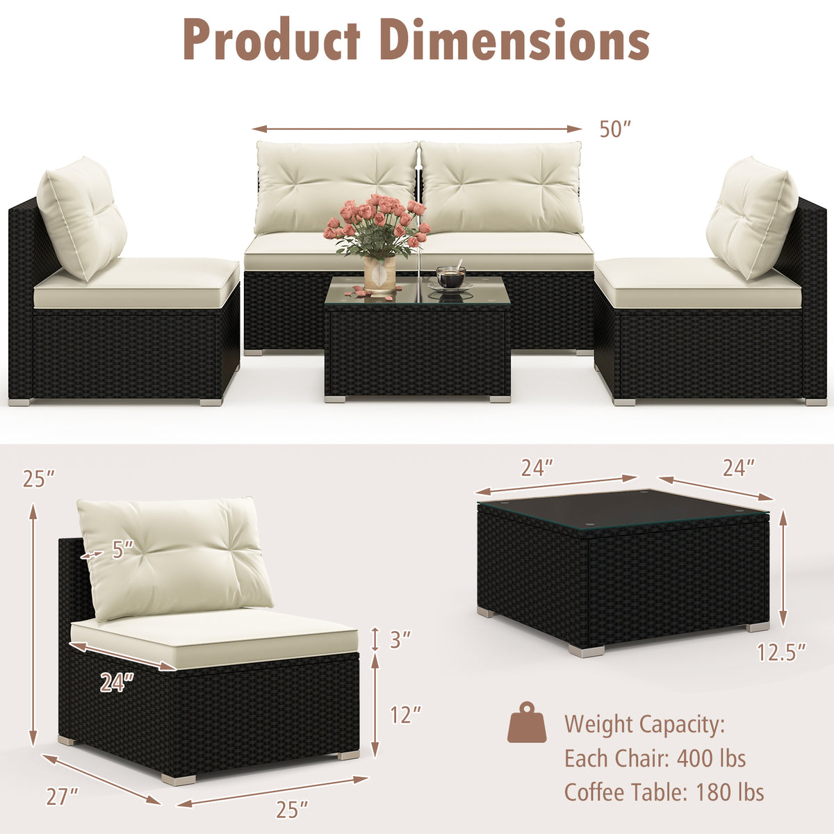 5-Piece Outdoor Patio Furniture Set with Cushions - Glass Tabletop