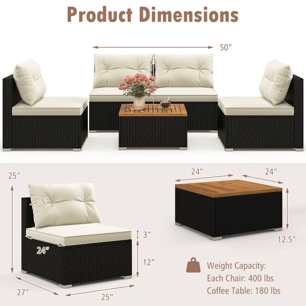 5-Piece Outdoor Furniture Set with Cushions – Wooden Tabletop, Off White