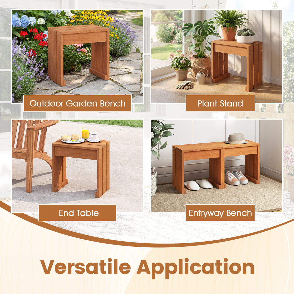 Outdoor Garden Bench Backless Wooden Patio Seating - 18 Inch