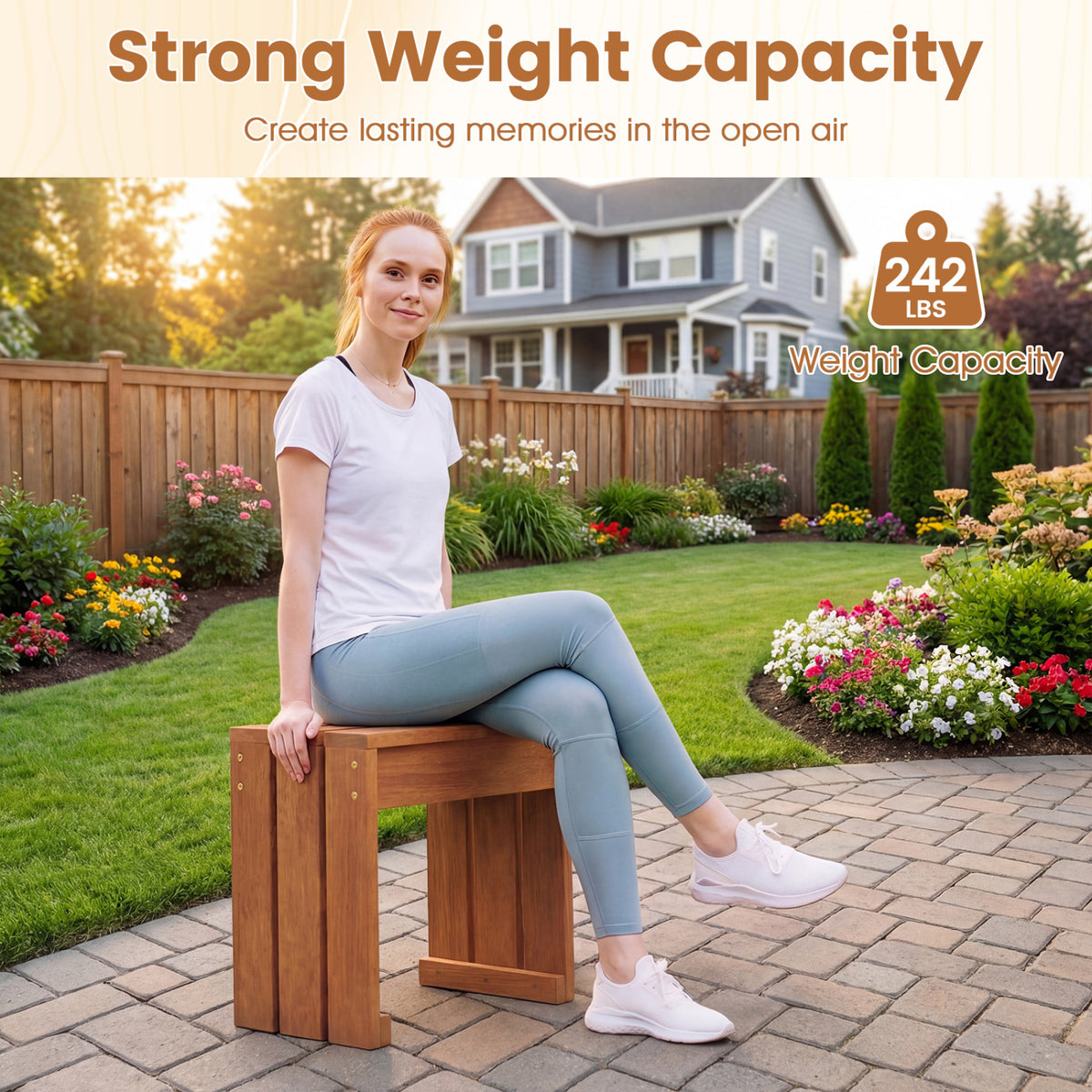 Outdoor Garden Bench Backless Wooden Patio Seating - 18 Inch