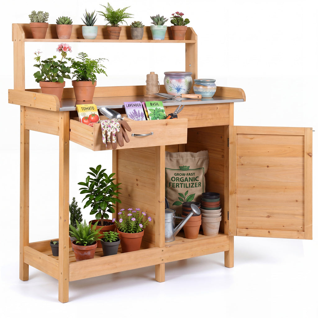 Wooden Potting Bench with Drawer & Lower Shelf
