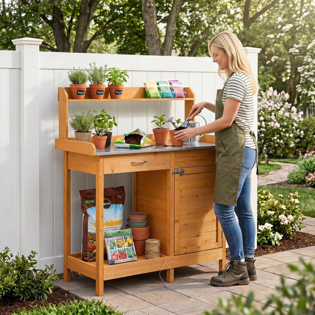 Wooden Potting Bench with Drawer & Lower Shelf