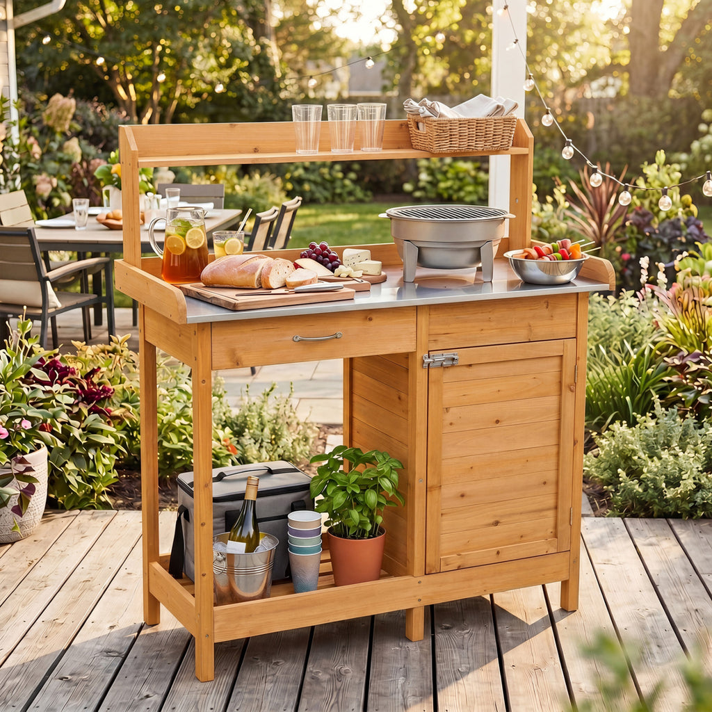 Wooden Potting Bench with Drawer & Lower Shelf