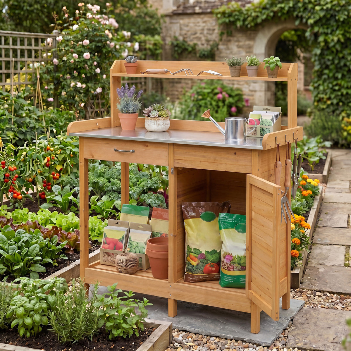Wooden Potting Bench with Drawer & Lower Shelf
