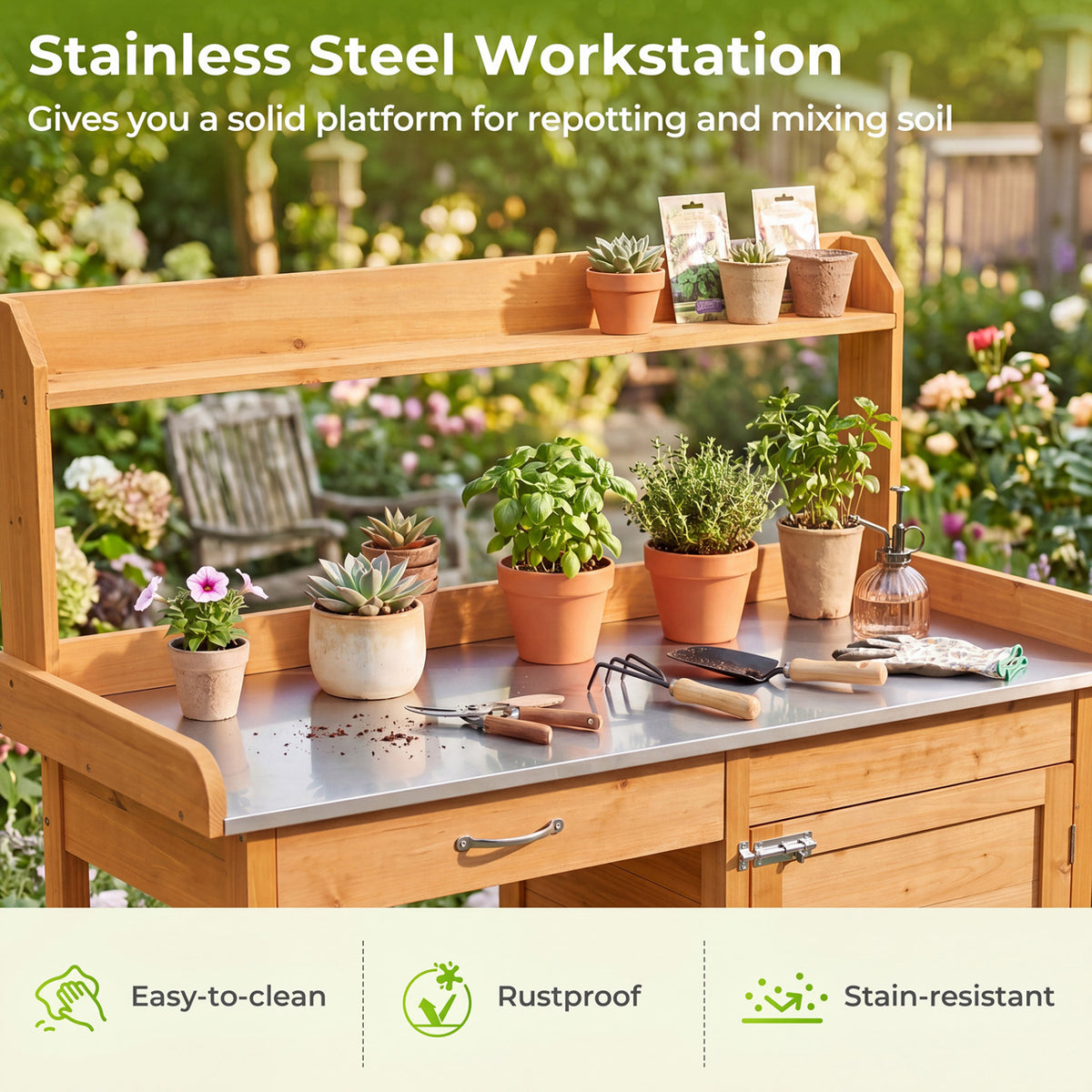 Wooden Potting Bench with Drawer & Lower Shelf