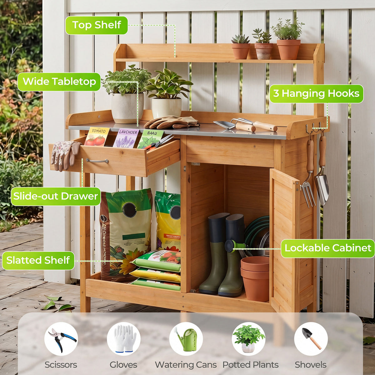 Wooden Potting Bench with Drawer & Lower Shelf