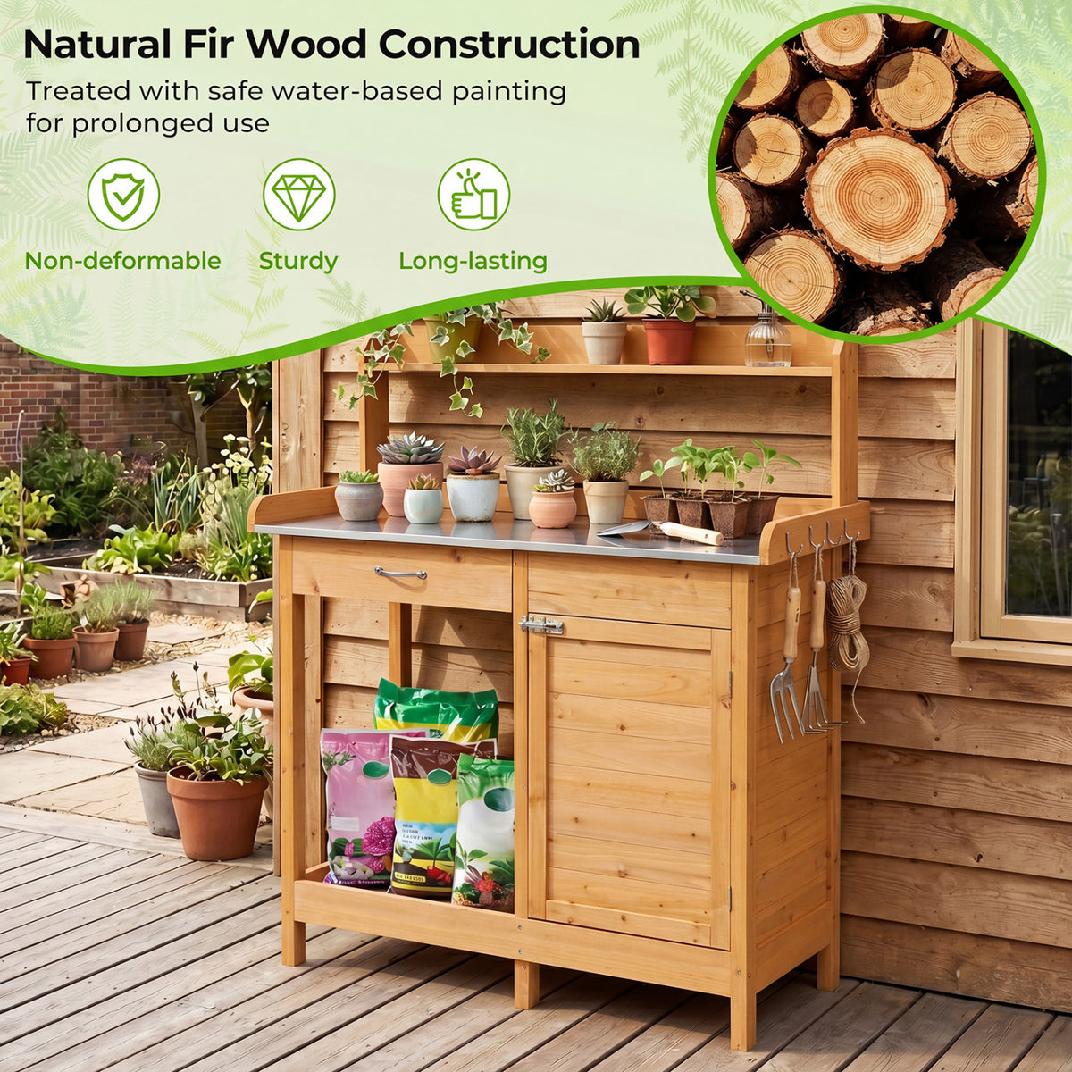 Wooden Potting Bench with Drawer & Lower Shelf