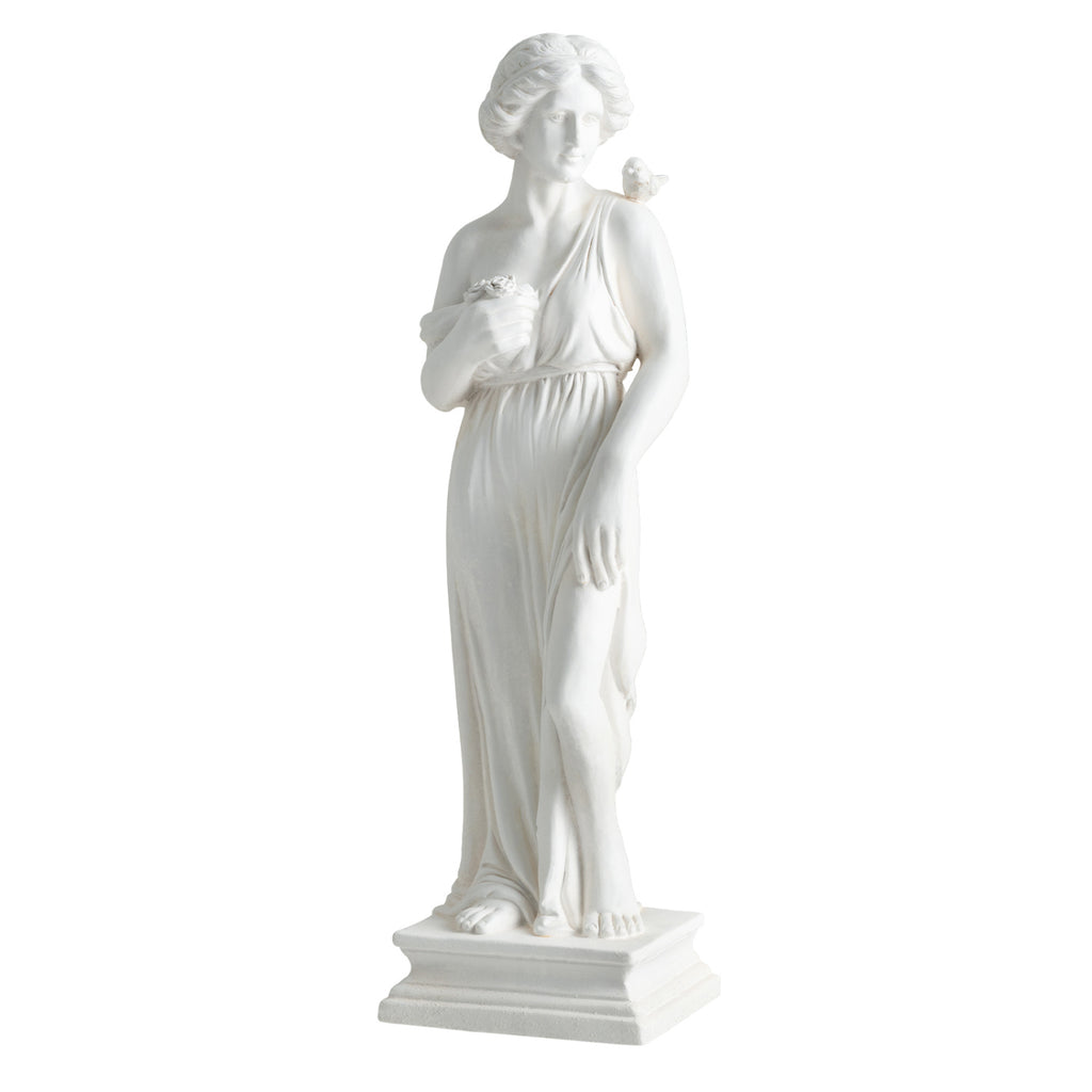 Outdoor Greek Goddess Statue with Bird, White - 31.5 Inch Garden Decor & Column Base - Weatherproof Sculptures