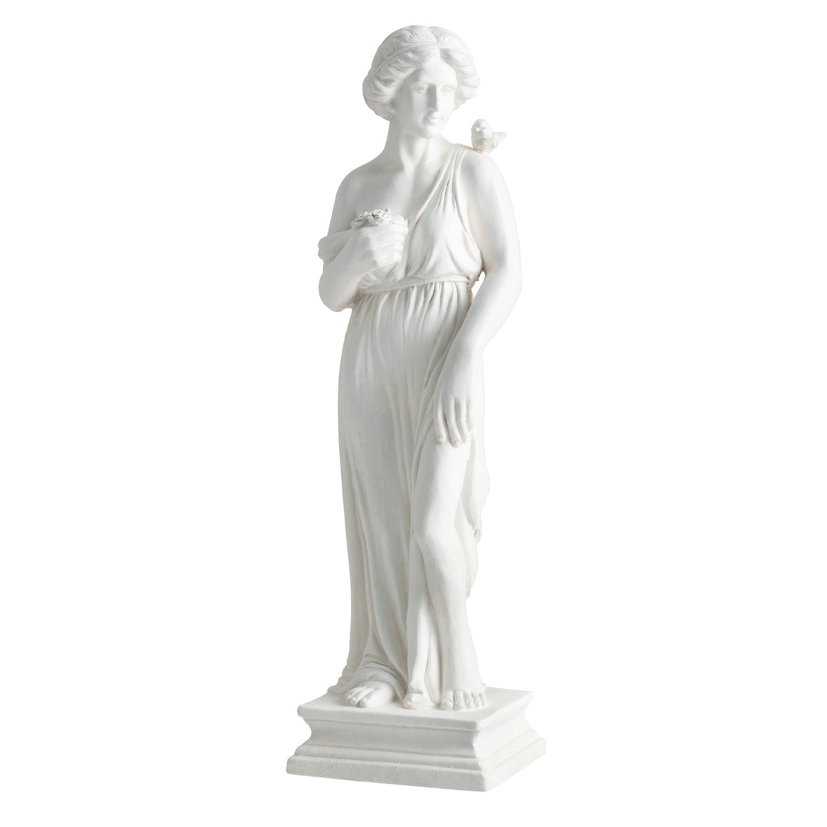Outdoor Greek Goddess Statue with Bird, White - 31.5 Inch Garden Decor & Column Base - Weatherproof Sculptures