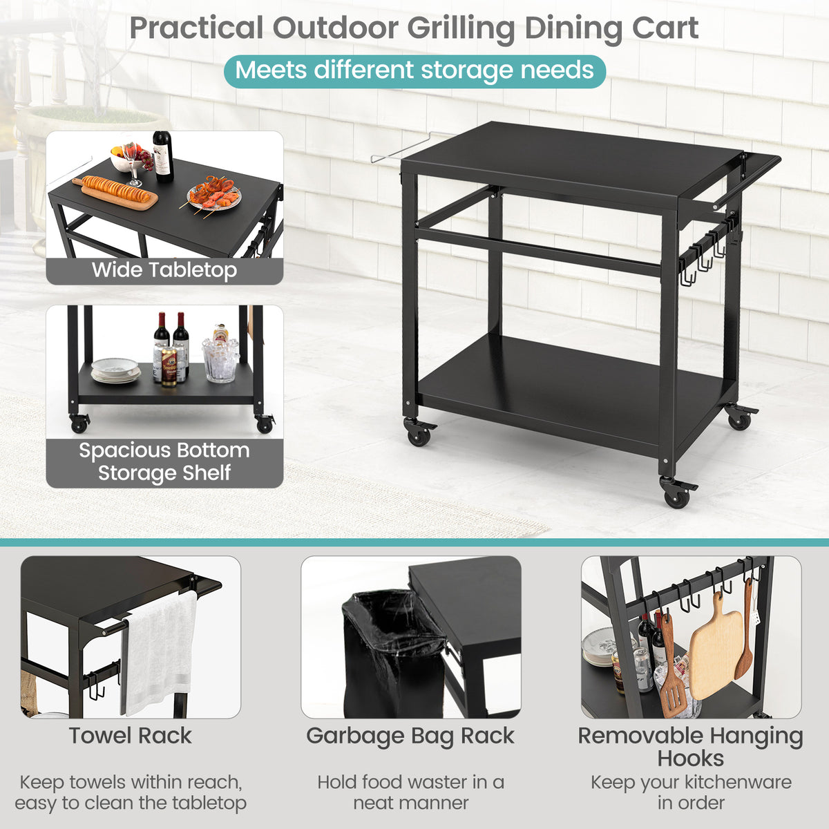 Double-Shelf Movable BBQ Cart with 4 Lockable Wheels