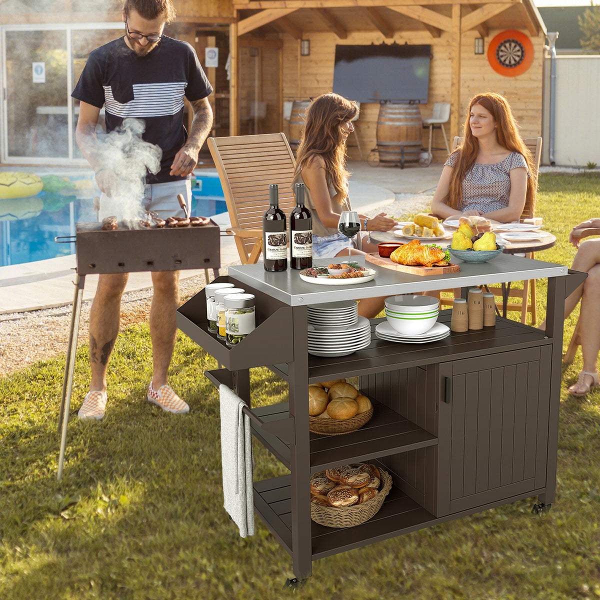 Outdoor Grill Cart with Storage Cabinet Shelves & Spice Rack - Brown