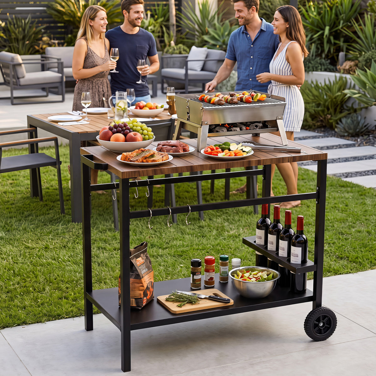 Outdoor Grill Cart with Spice Rack and Hooks - Brown