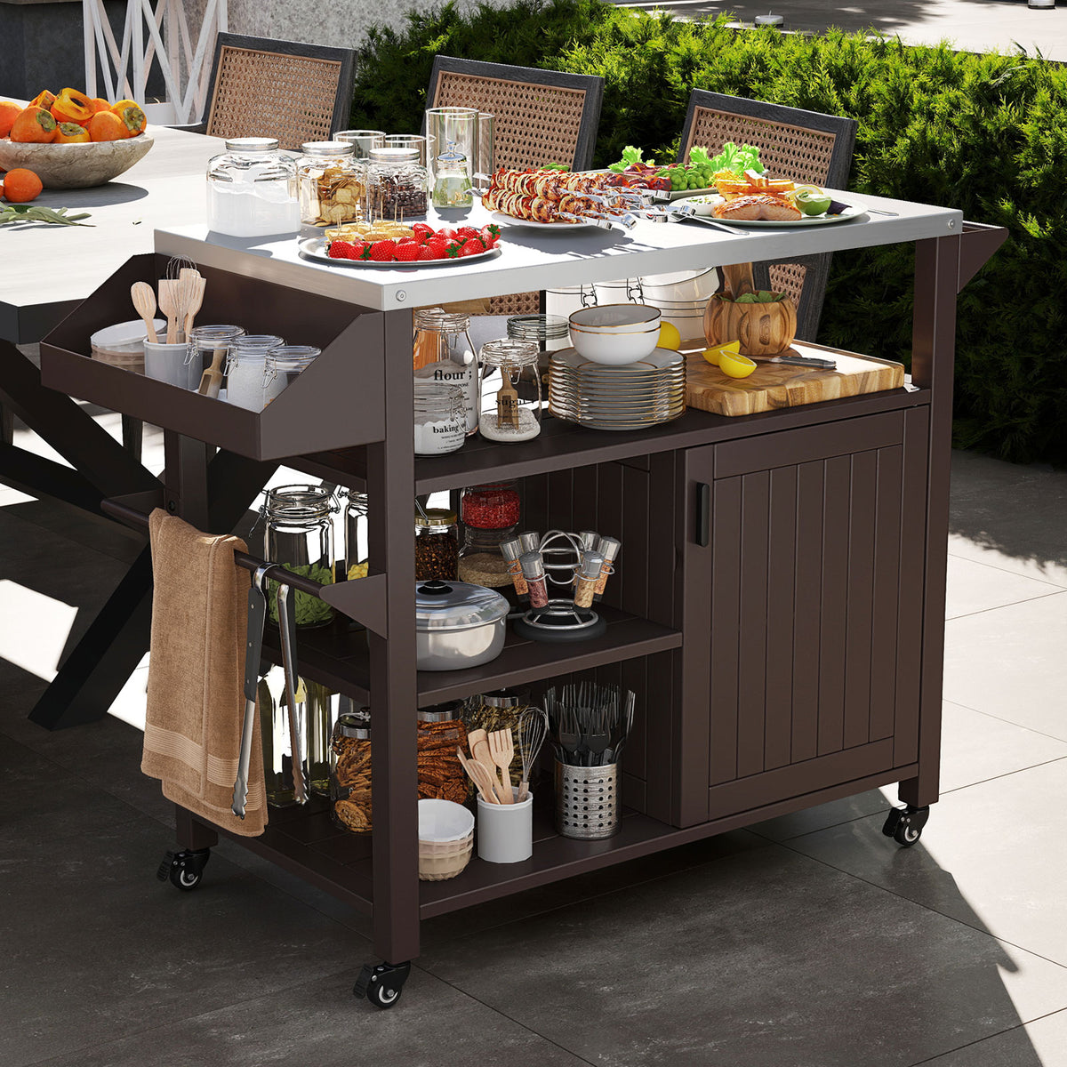 Outdoor Grill Cart with Storage Cabinet Shelves & Spice Rack - Brown