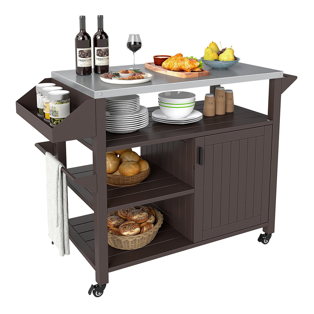 Outdoor Grill Cart with Storage Cabinet Shelves & Spice Rack - Brown
