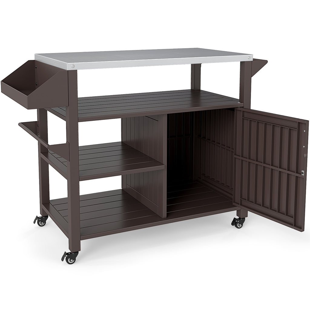 Outdoor Grill Cart with Storage Cabinet Shelves & Spice Rack - Brown