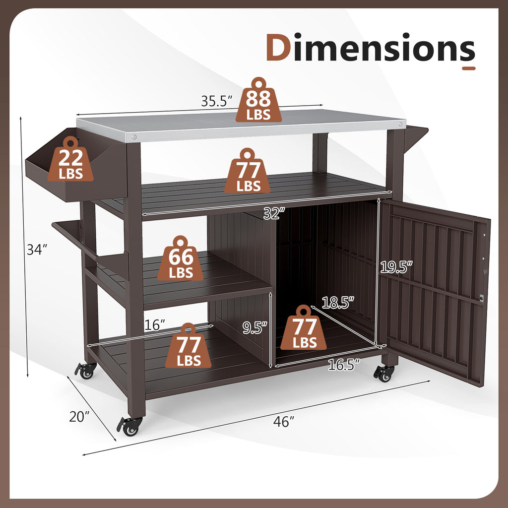 Outdoor Grill Cart with Storage Cabinet Shelves & Spice Rack - Brown