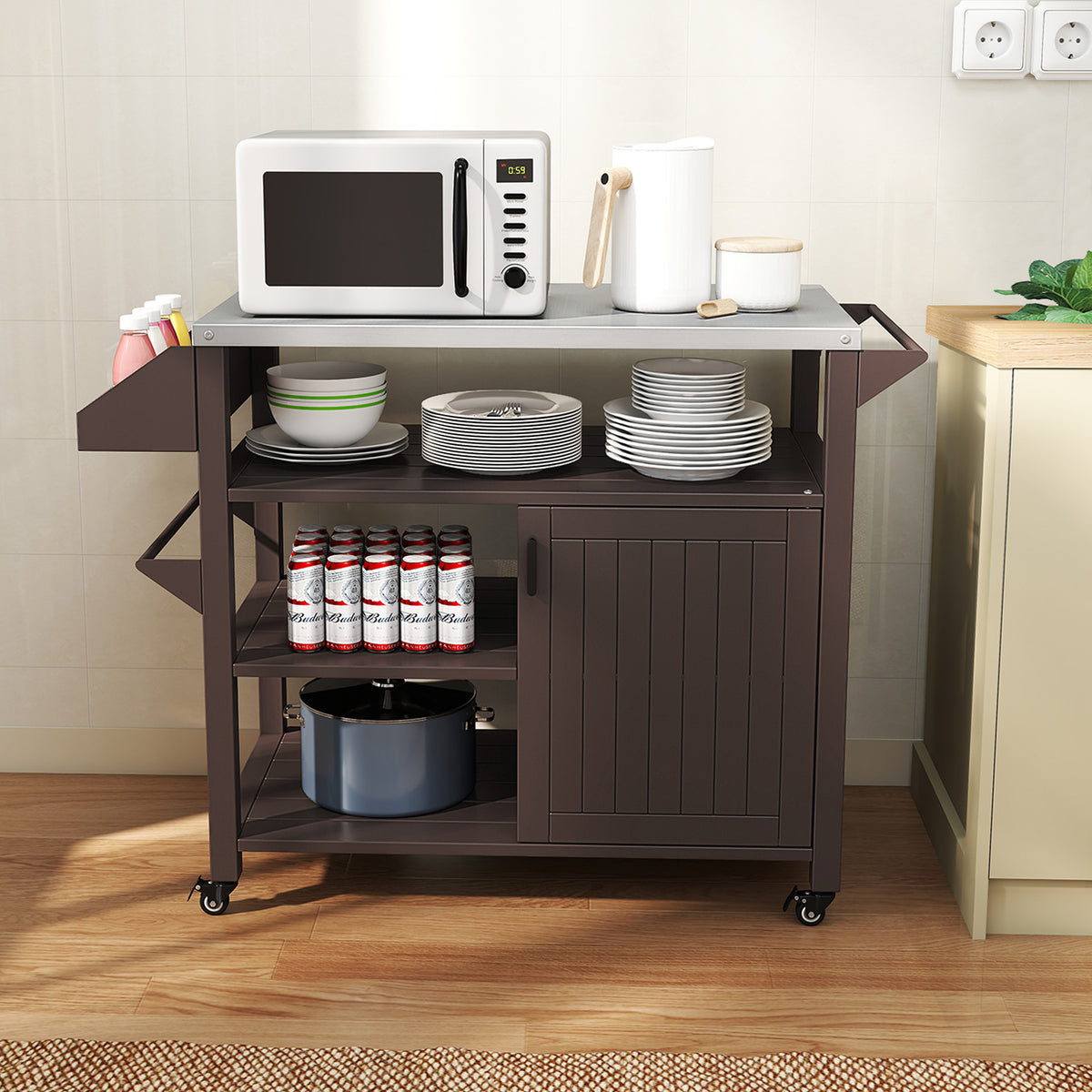 Outdoor Grill Cart with Storage Cabinet Shelves & Spice Rack - Brown
