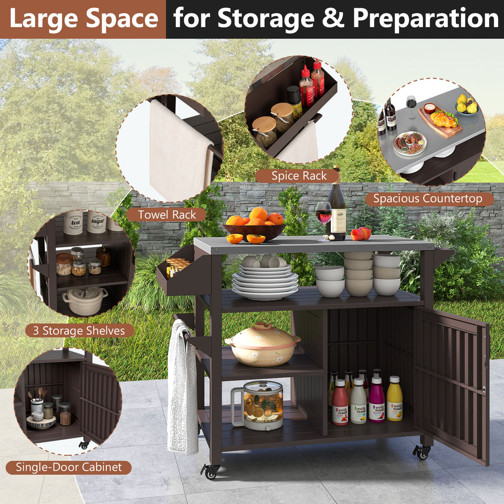 Outdoor Grill Cart with Storage Cabinet Shelves & Spice Rack - Brown