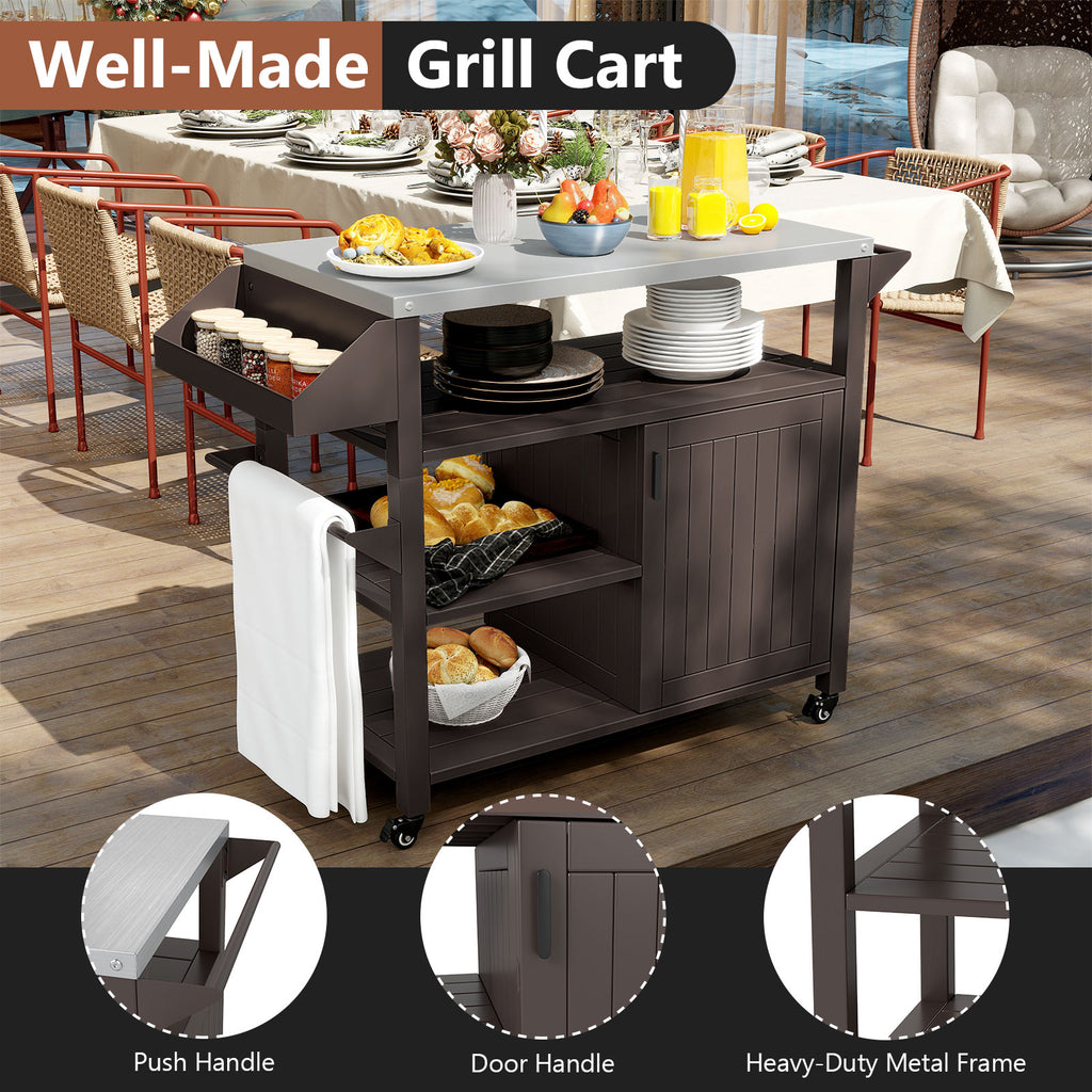 Outdoor Grill Cart with Storage Cabinet Shelves & Spice Rack - Brown