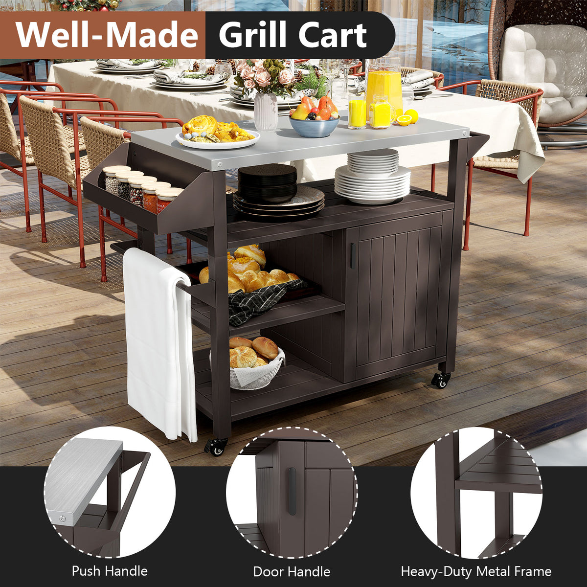Outdoor Grill Cart with Storage Cabinet Shelves & Spice Rack - Brown