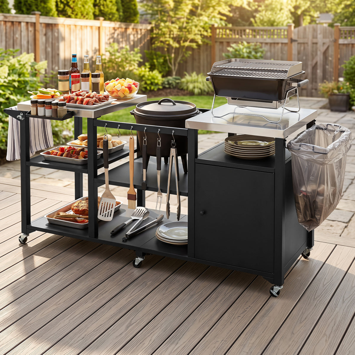 Outdoor Grill Cart with Cabinet Stainless Steel Tabletop and Hooks