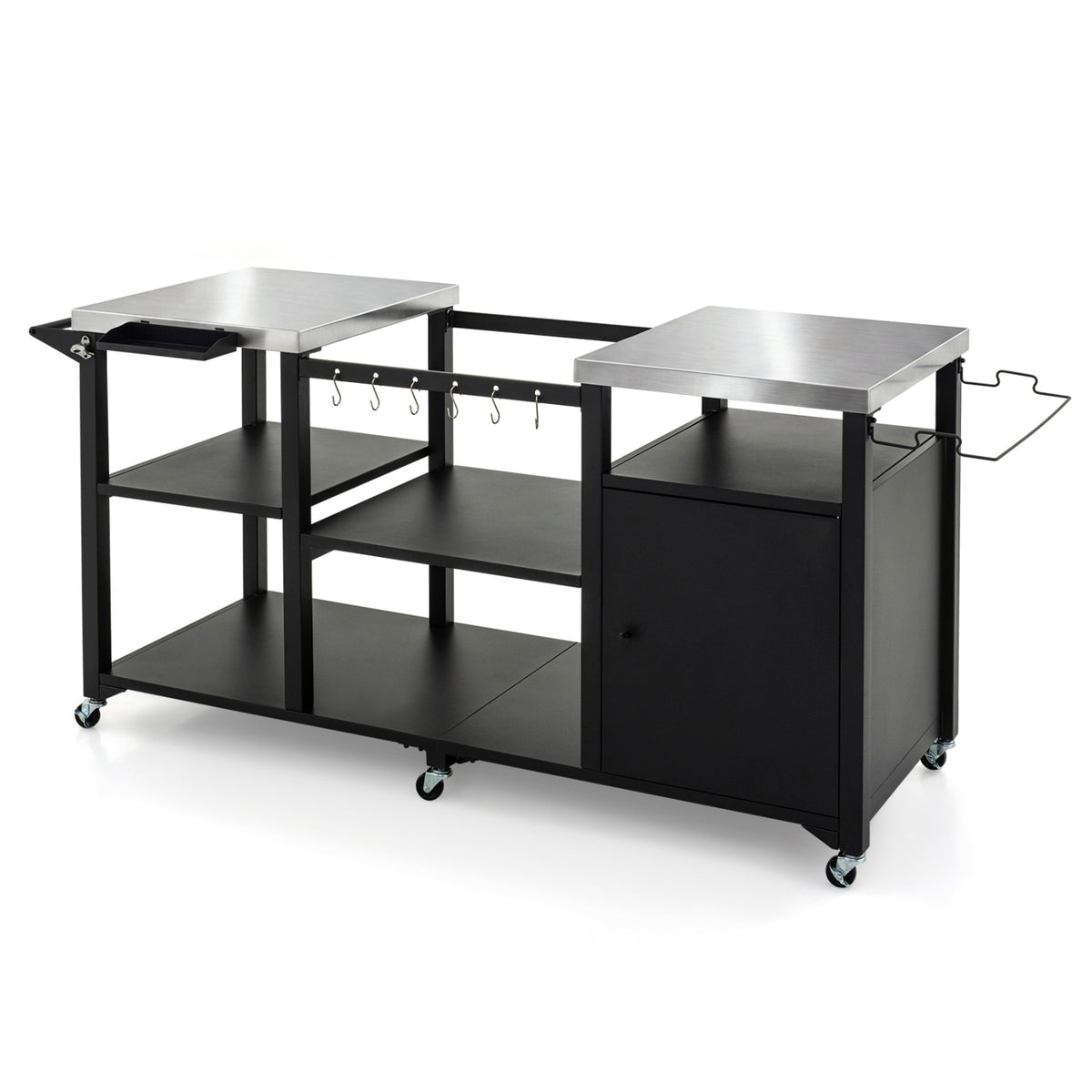 Outdoor Grill Cart with Cabinet Stainless Steel Tabletop and Hooks