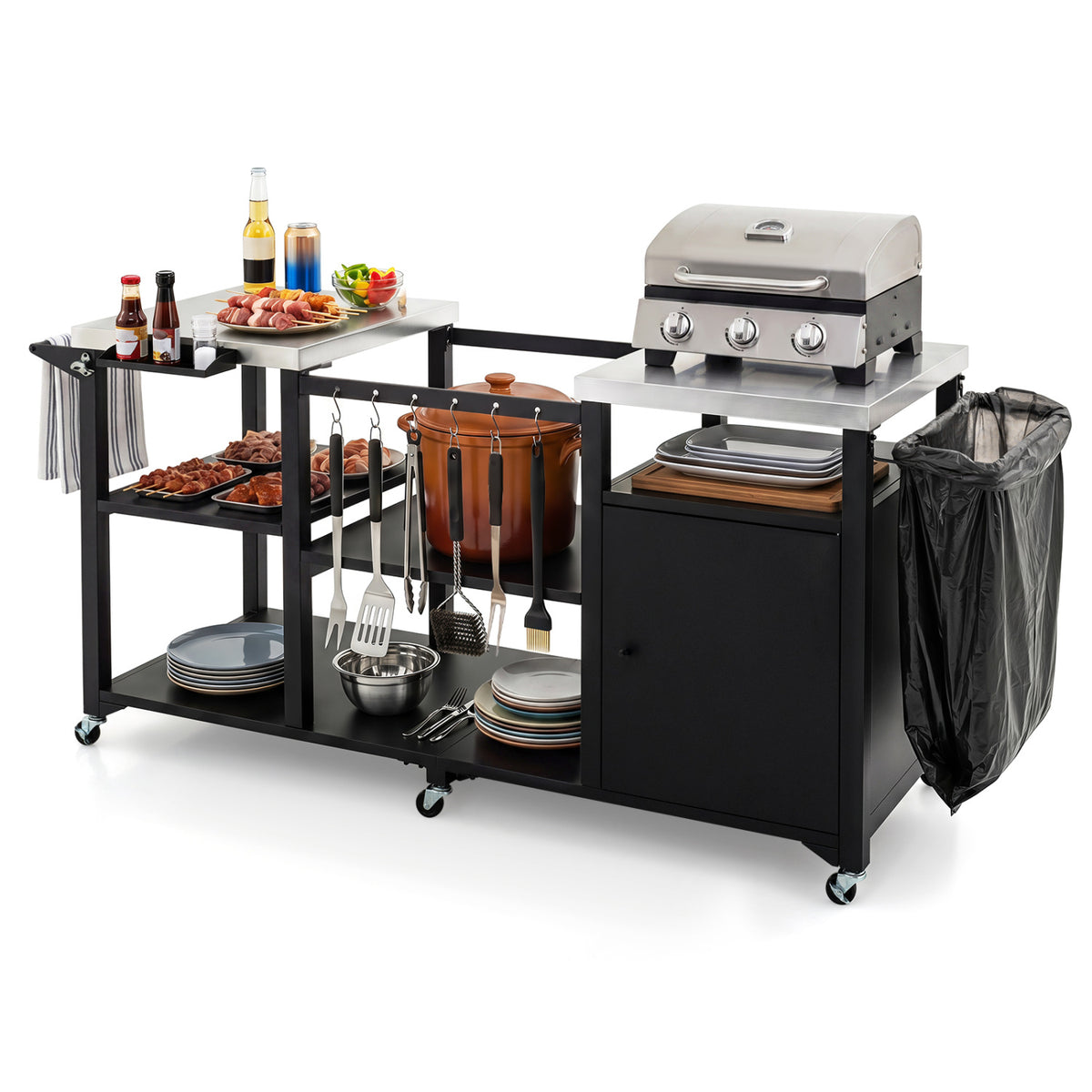 Outdoor Grill Cart with Cabinet Stainless Steel Tabletop and Hooks