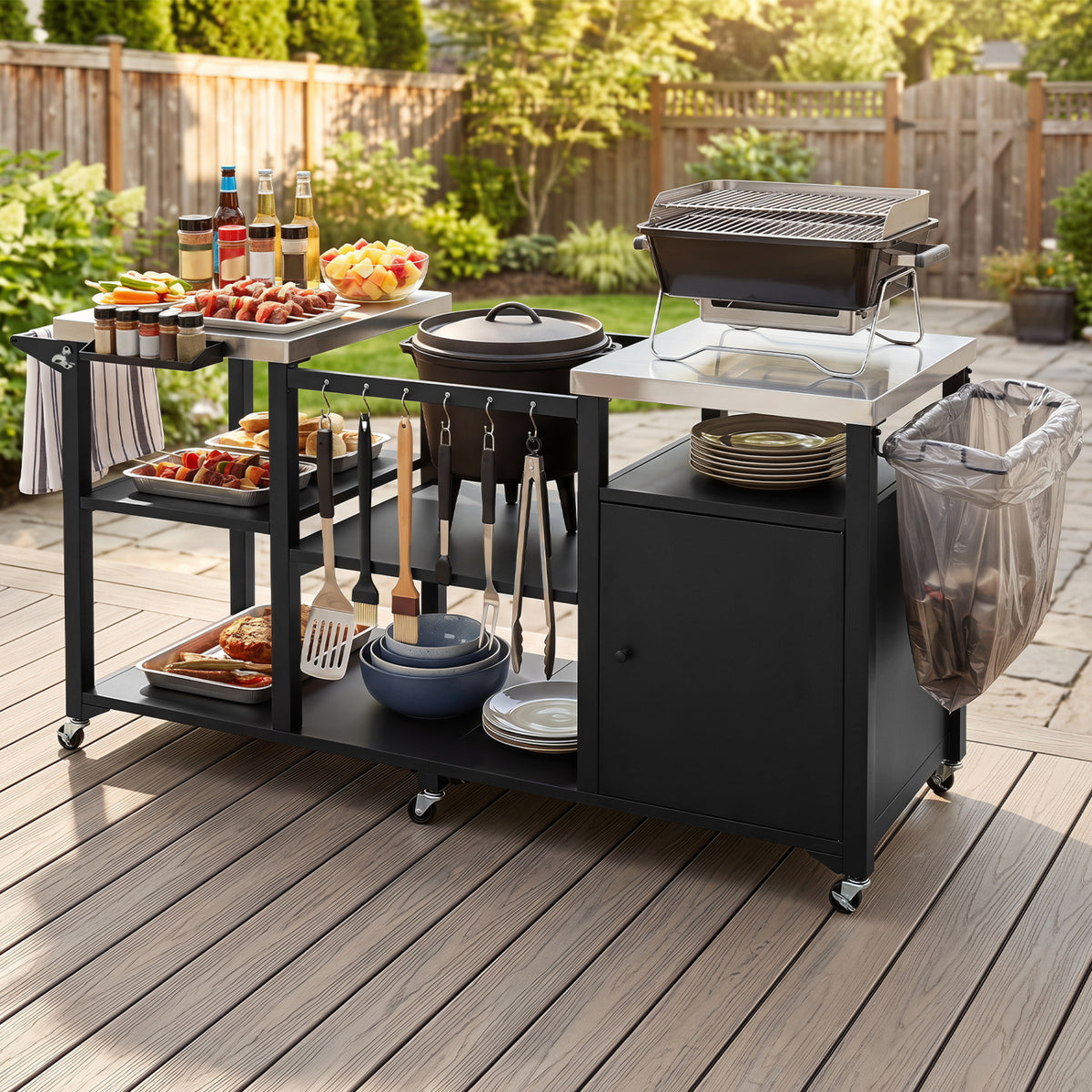 Outdoor Grill Cart with Cabinet Stainless Steel Tabletop and Hooks