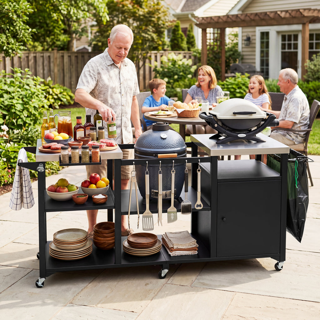Outdoor Grill Cart with Cabinet Stainless Steel Tabletop and Hooks