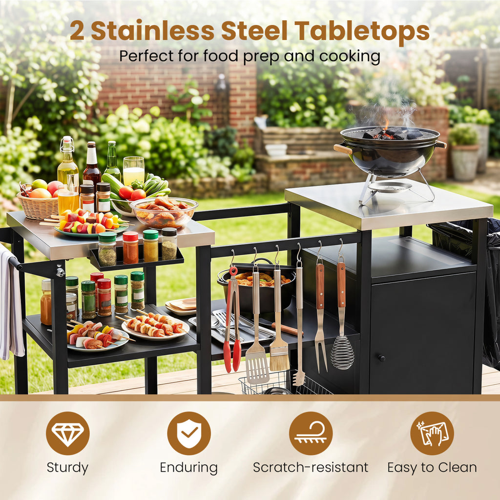 Outdoor Grill Cart with Cabinet Stainless Steel Tabletop and Hooks