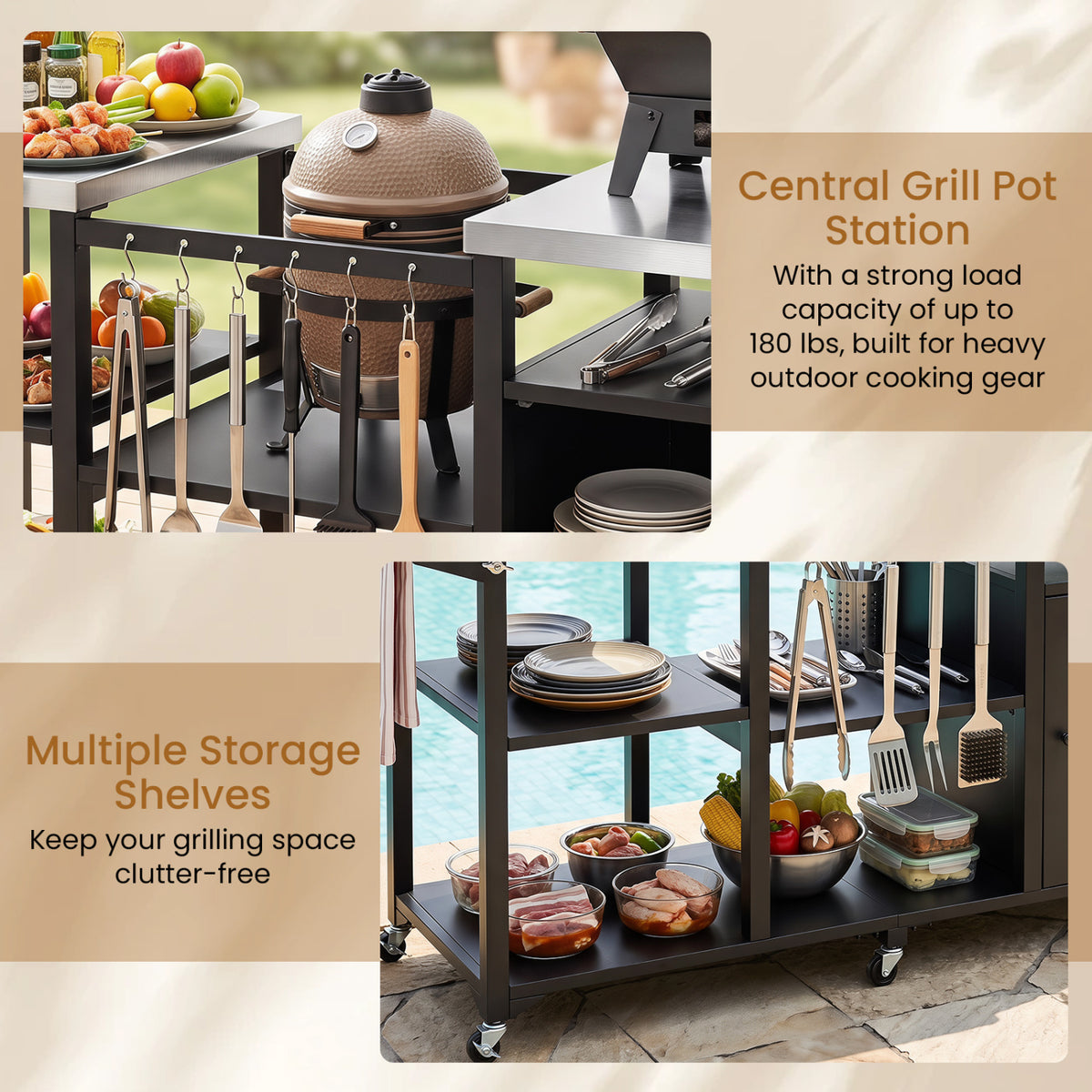 Outdoor Grill Cart with Cabinet Stainless Steel Tabletop and Hooks