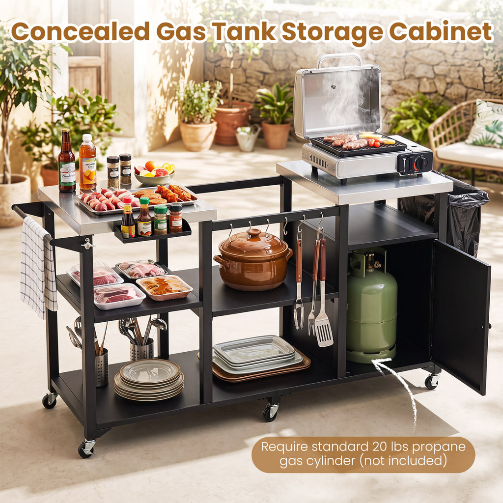 Outdoor Grill Cart with Cabinet Stainless Steel Tabletop and Hooks