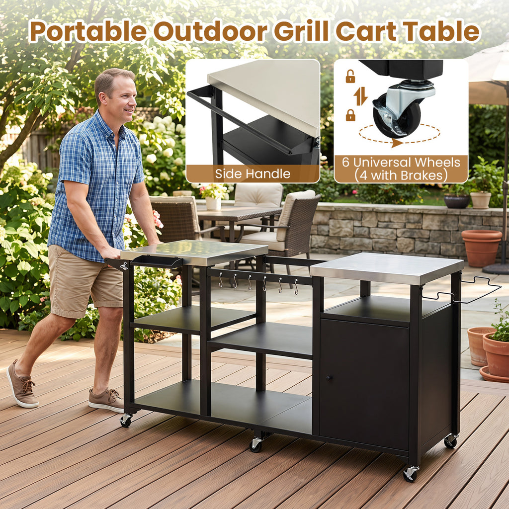 Outdoor Grill Cart with Cabinet Stainless Steel Tabletop and Hooks
