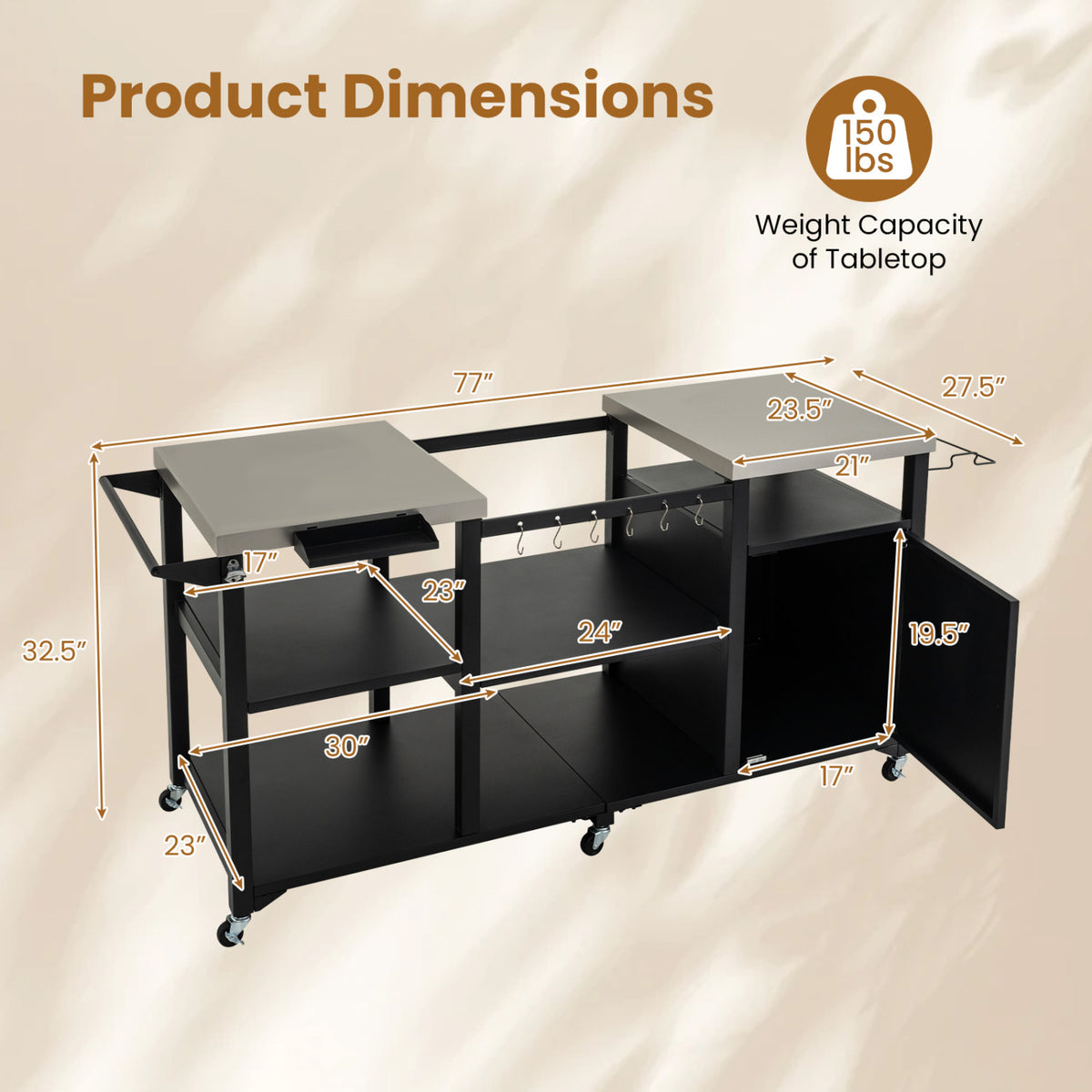 Outdoor Grill Cart with Cabinet Stainless Steel Tabletop and Hooks