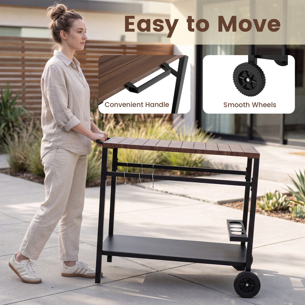 Outdoor Grill Cart with Spice Rack and Hooks - Brown