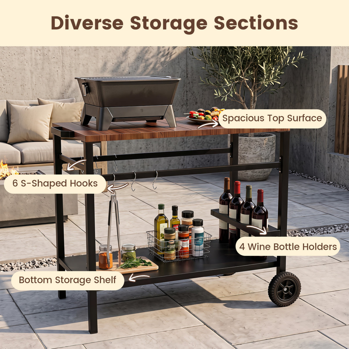 Outdoor Grill Cart with Storage and Spice Rack - Brown