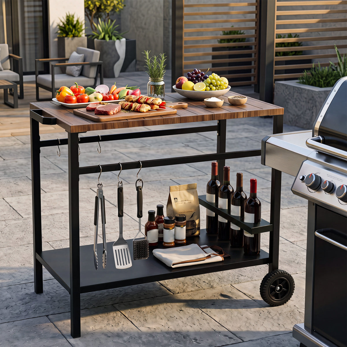 Outdoor Grill Cart with Storage and Spice Rack - Brown