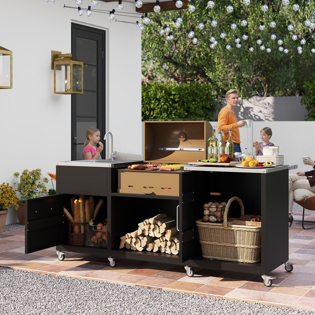 Outdoor Grill Table with Sink and Drainage Heavy Duty Metal Cart