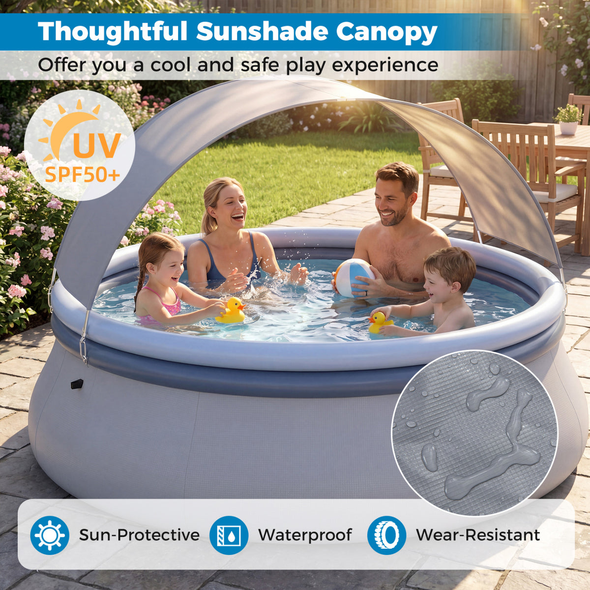 Outdoor Inflatable Pool with Sunshade Canopy