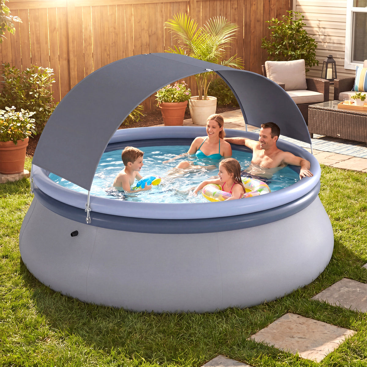 Outdoor Inflatable Pool with Sunshade Canopy