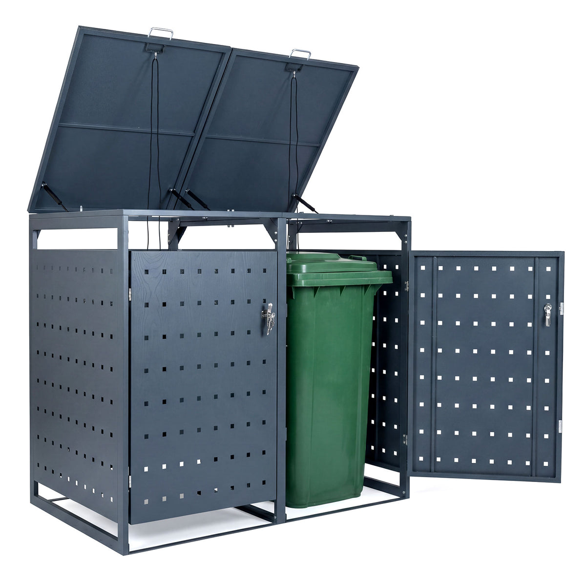 Metal Garbage Bin Storage Shed for 2 Trash Cans - Gray