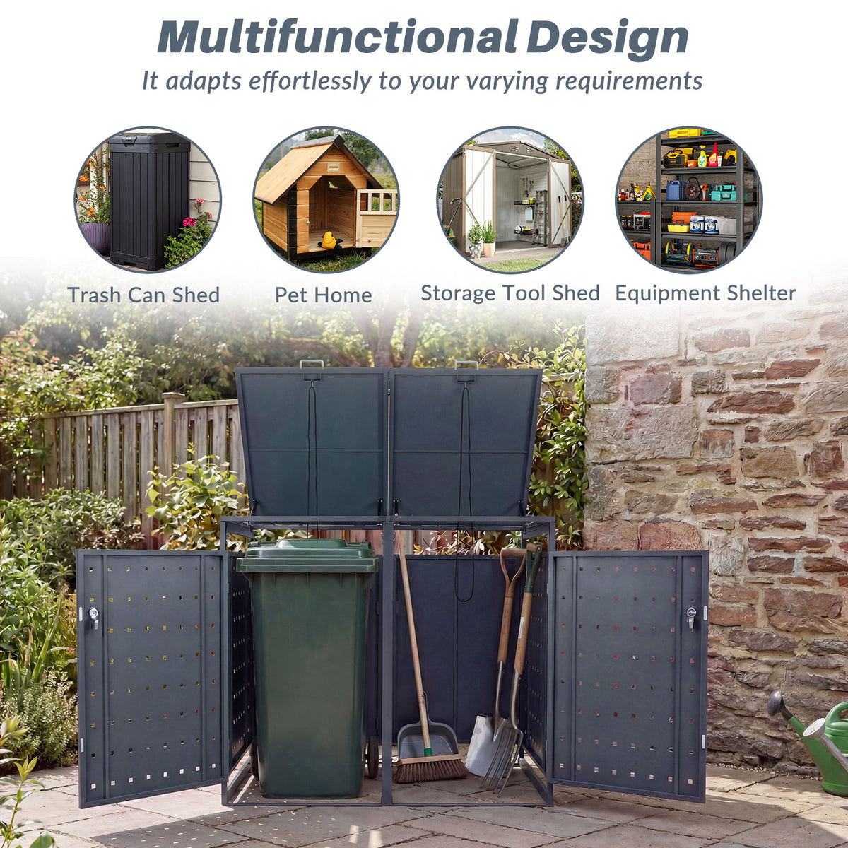 Metal Garbage Bin Storage Shed for 2 Trash Cans - Gray